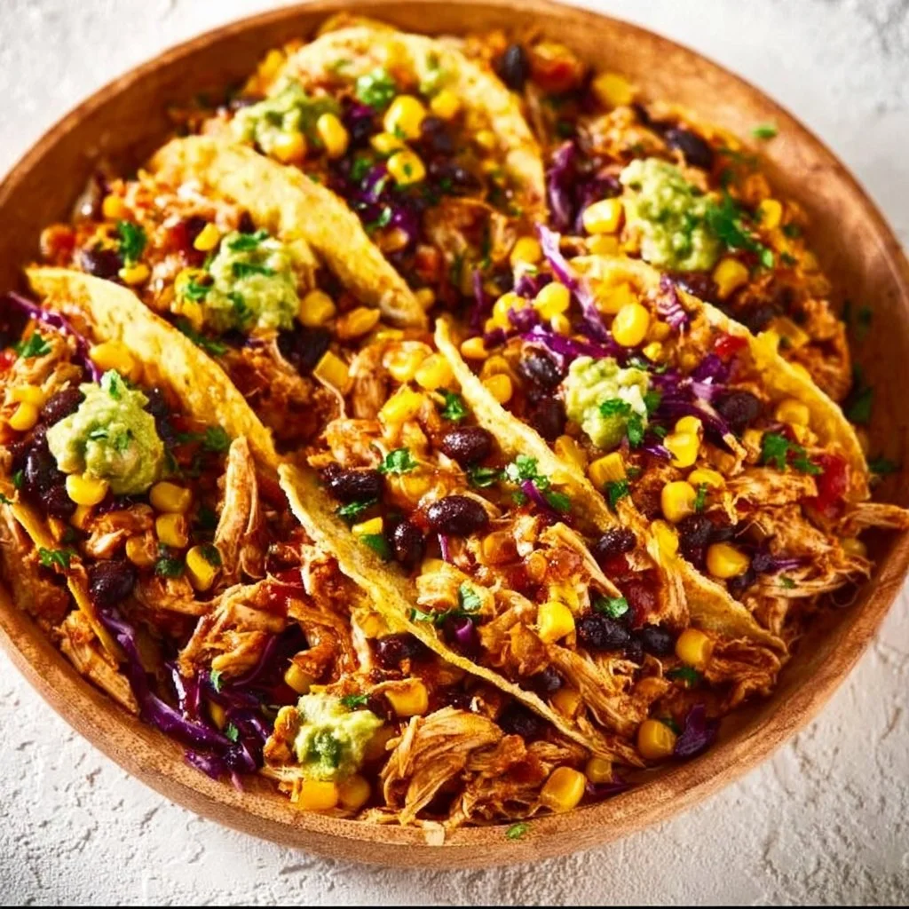 Delicious Southwestern crockpot chicken tacos served with fresh toppings
