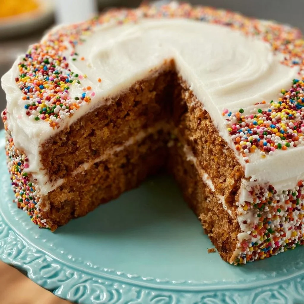 Delicious homemade spice cake topped with cream cheese frosting.