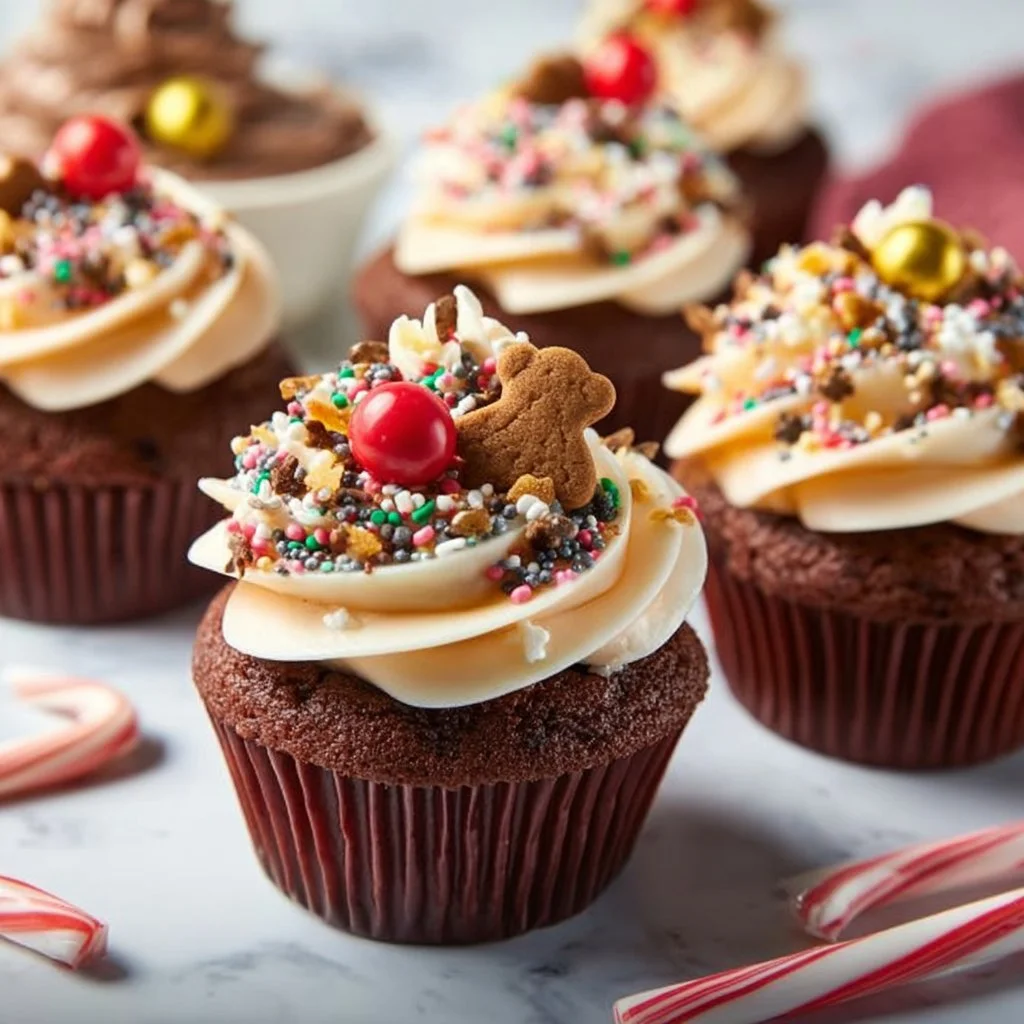 Delicious spicy gingerbread cupcakes with frosting topped with decorative sprinkles