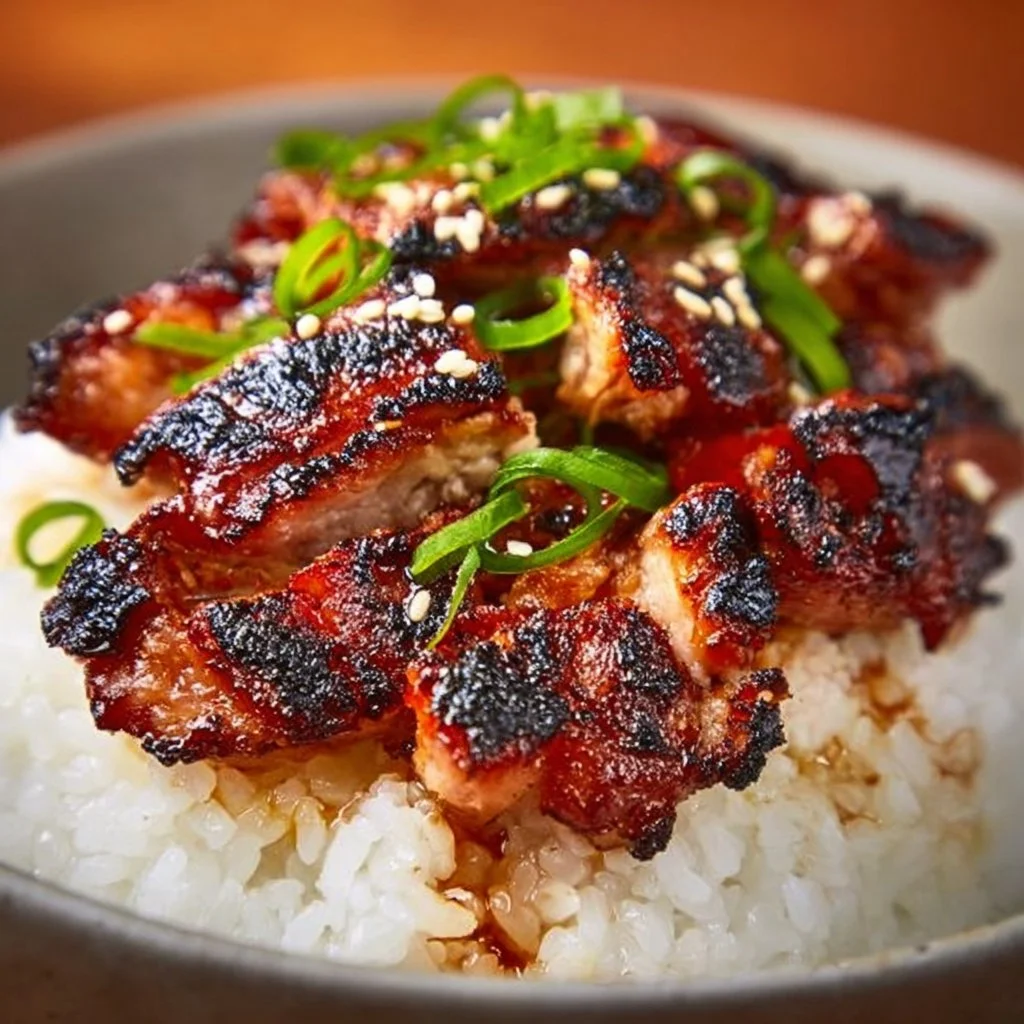 Delicious spicy Korean chicken dish garnished with sesame seeds and herbs.