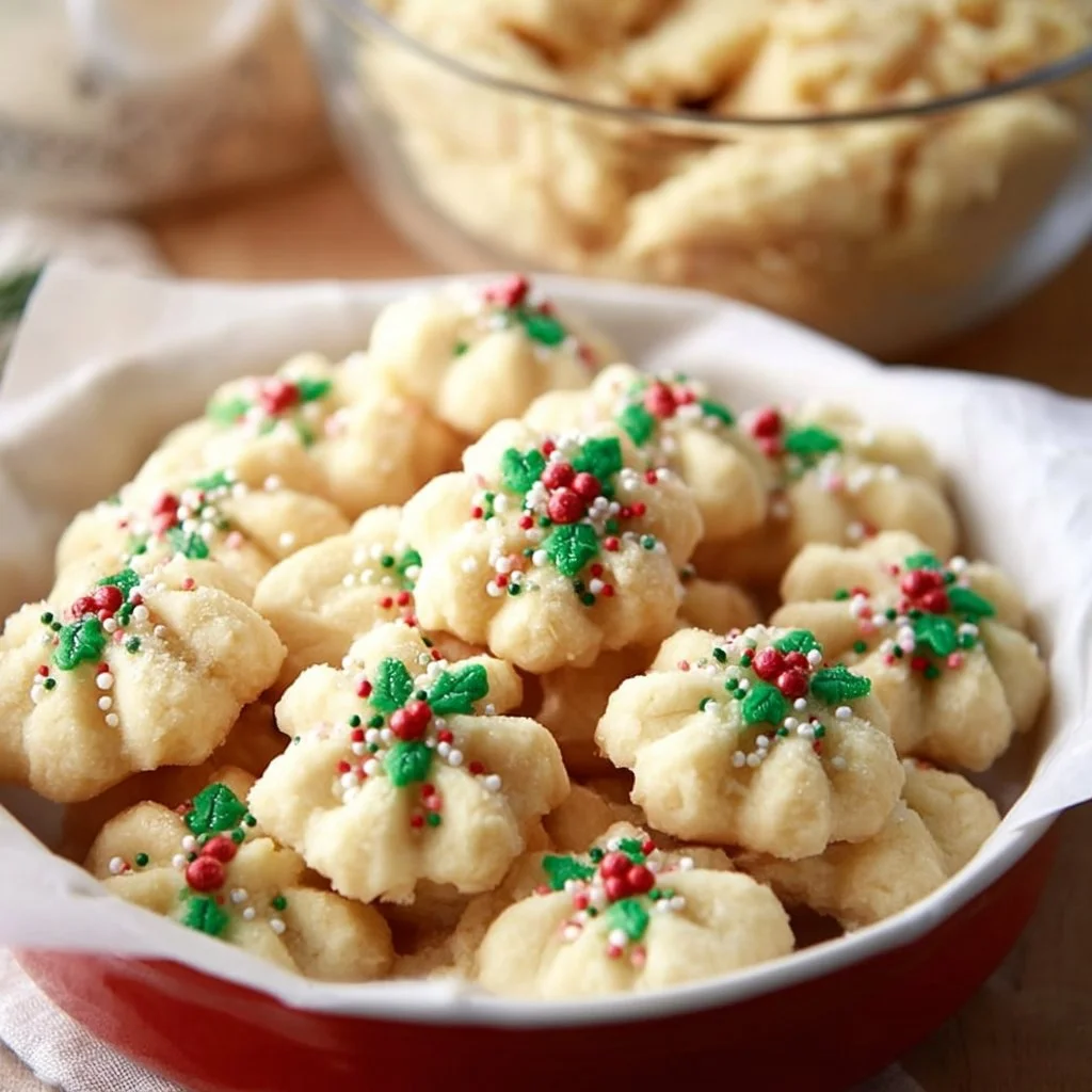 Freshly baked Spritz cookies arranged on a platter