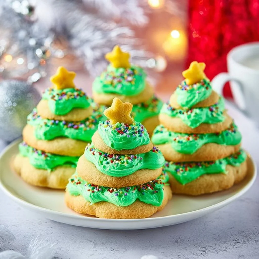 Stacked Christmas tree cookies decorated for the holidays