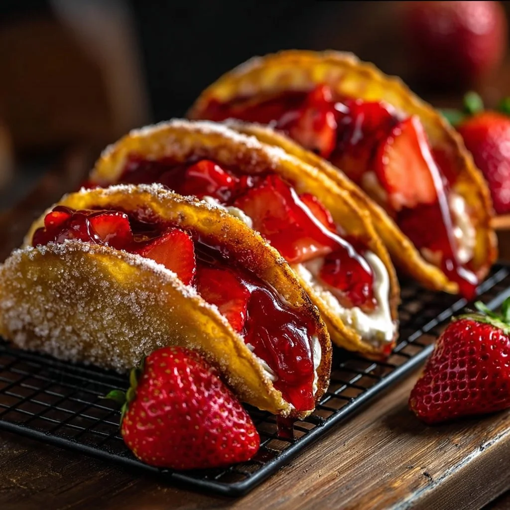 Delicious strawberry cheesecake dessert tacos served on a plate.
