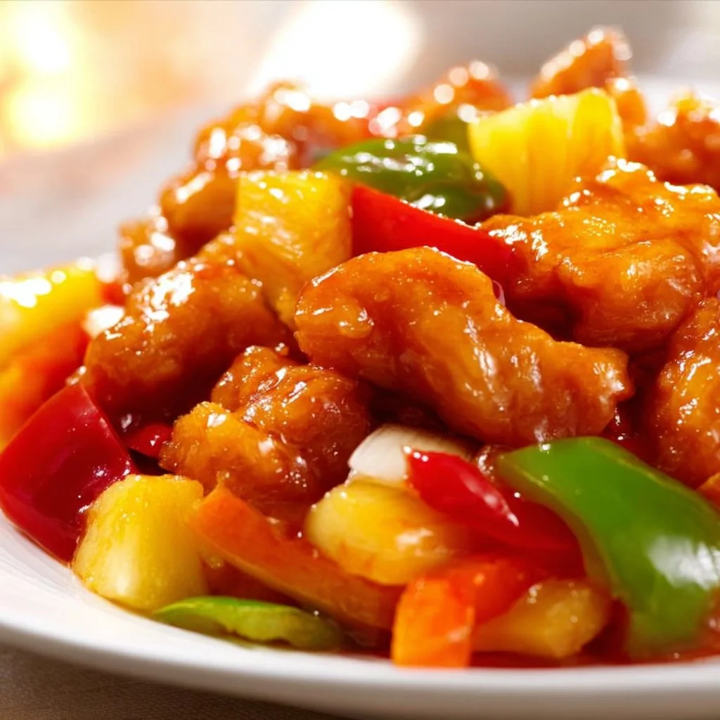Delicious homemade Sweet and Sour Chicken served with vibrant vegetables