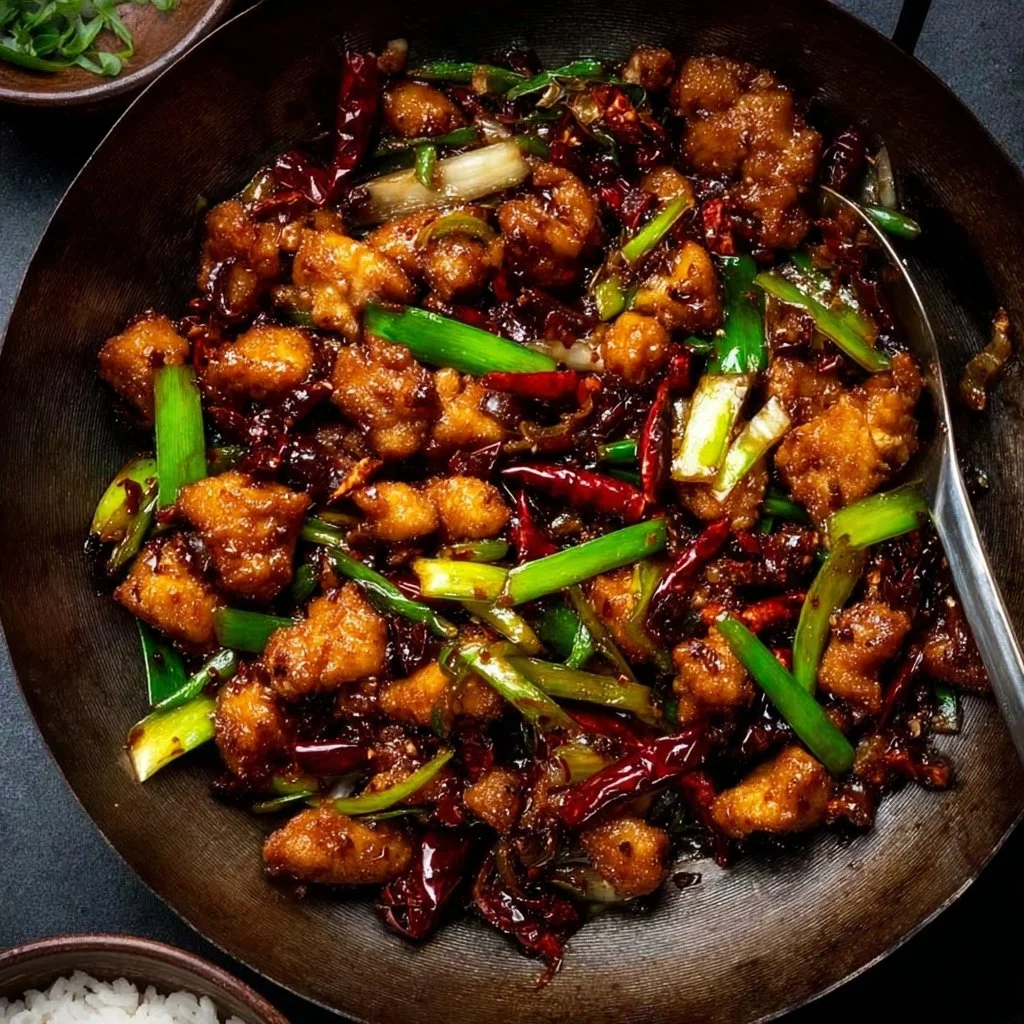 Delicious plate of Szechuan Chicken served with vegetables and rice