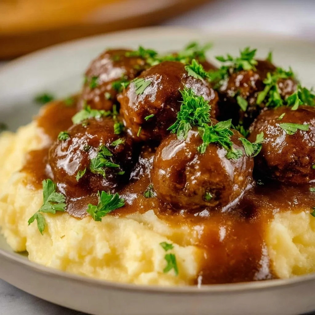 Slow cooker Salisbury steak meatballs served with gravy and vegetables