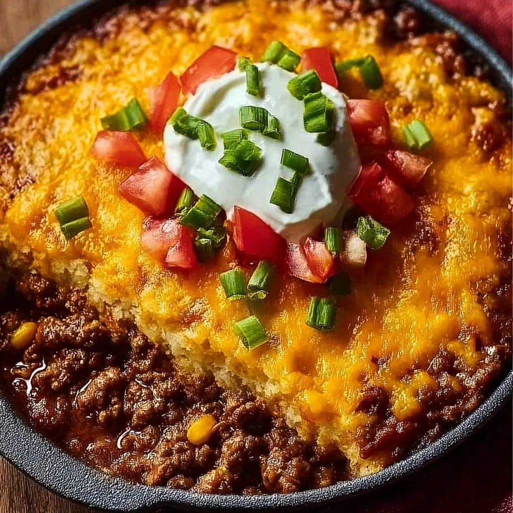 Delicious Texas Tamale Pie Casserole topped with cheese and fresh ingredients