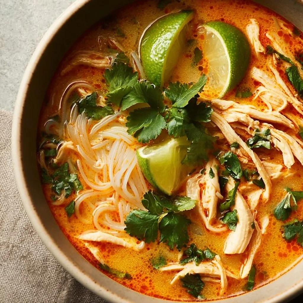 Bowl of Thai Chicken Soup garnished with herbs and spices