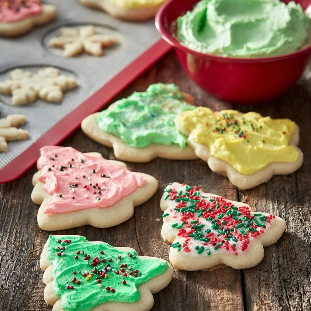Delicious cut-out Christmas cookies decorated for the holiday season