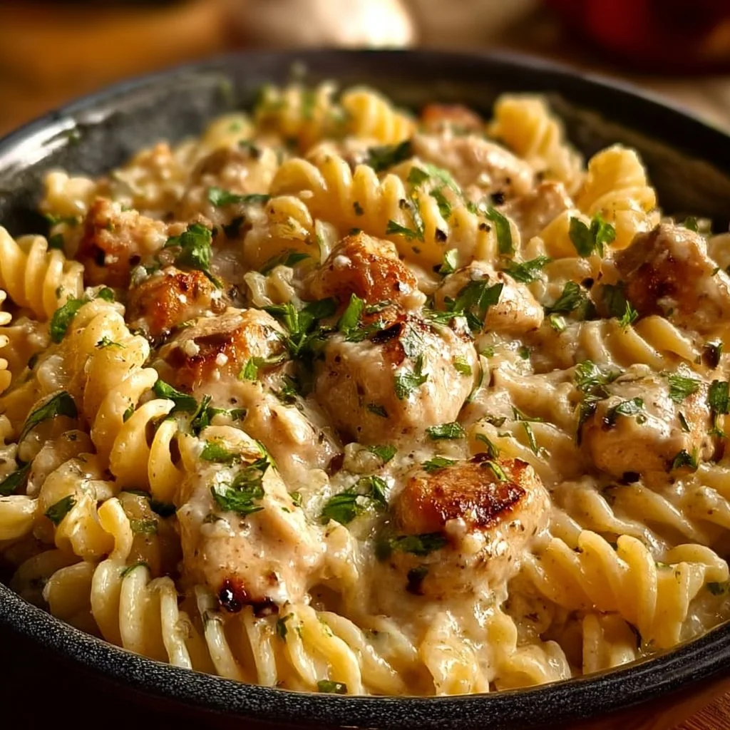 Delicious garlic parmesan chicken pasta cooked in a crockpot