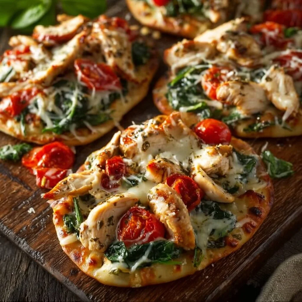 Delicious Tuscan Garlic Chicken Pita Pizzas topped with fresh ingredients.