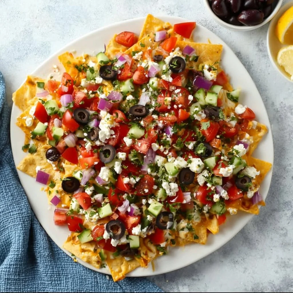 Plate of vegetarian Greek nachos with fresh toppings and vibrant colors