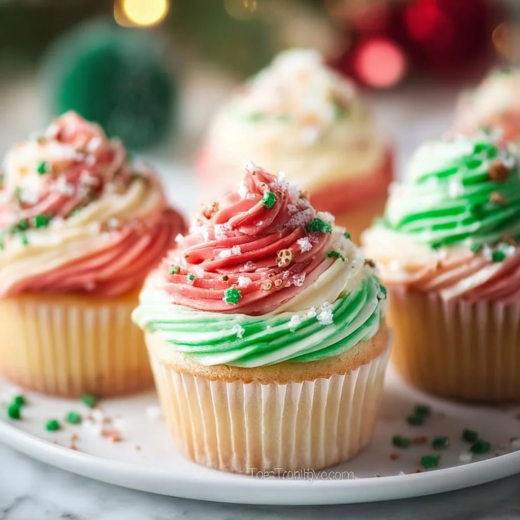Very Merry Tricolor Christmas Cupcakes decorated for the festive season