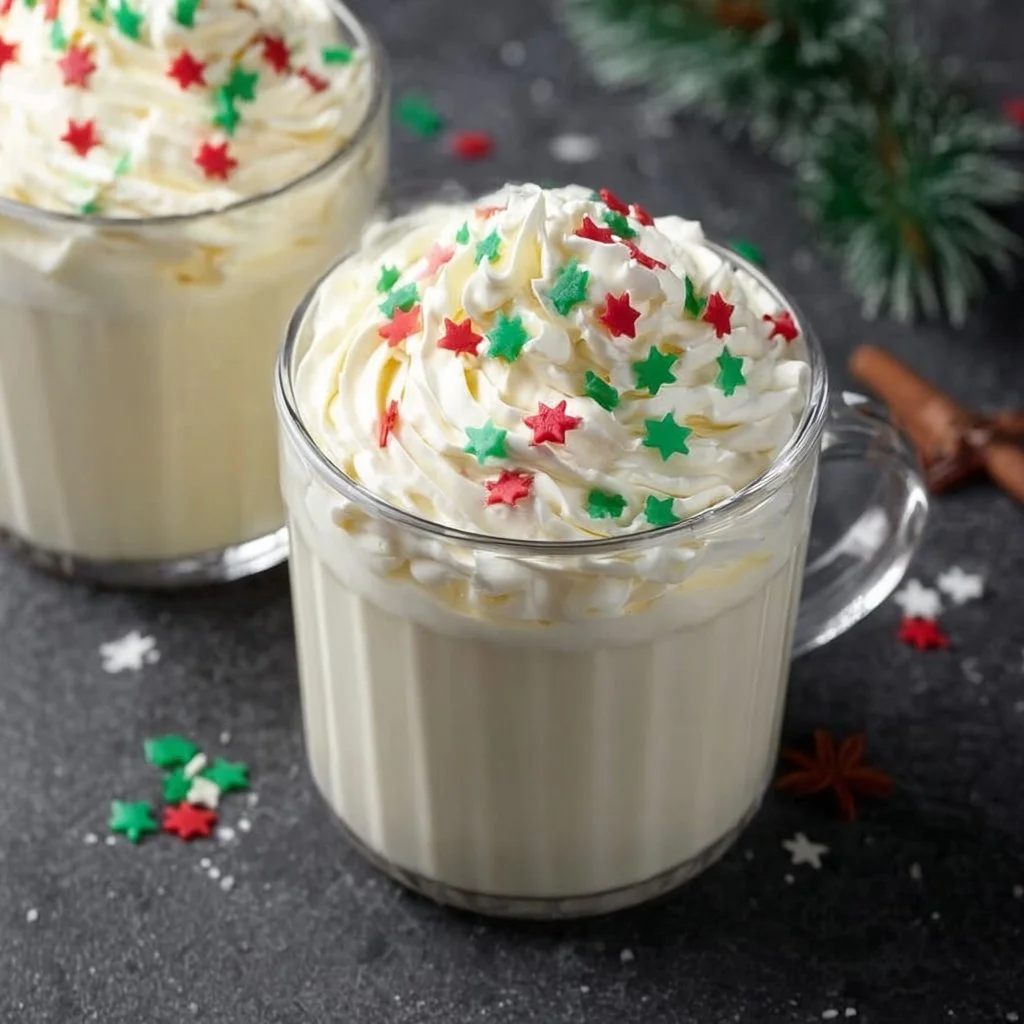 Creamy white hot chocolate in a mug topped with whipped cream and chocolate shavings