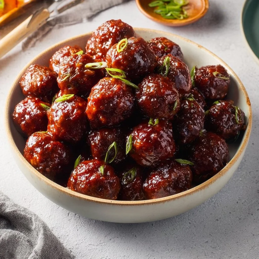 Three-ingredient crockpot BBQ meatballs served in a dish.