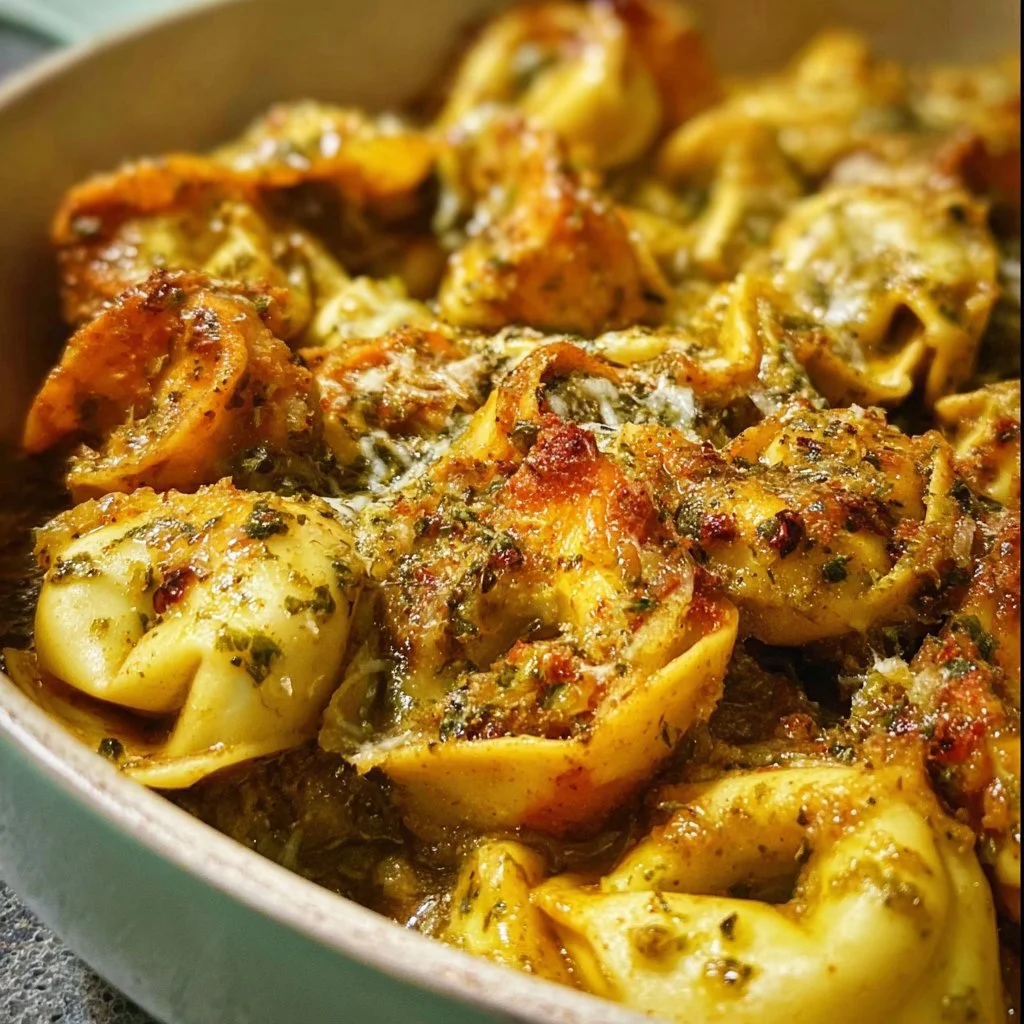 4-Ingredient Pesto Tortellini Bake fresh out of the oven, garnished with herbs.