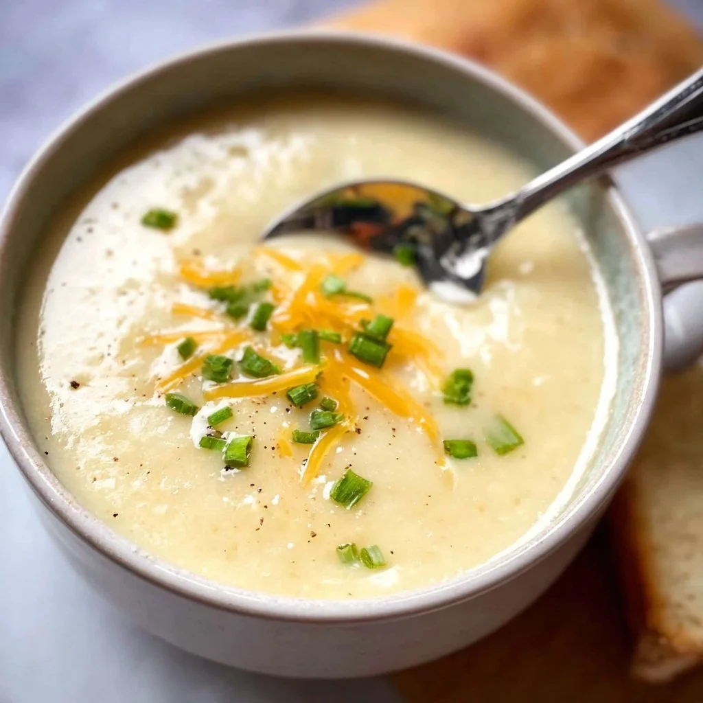 Bowl of creamy 4 ingredient potato soup garnished with herbs and served warm.