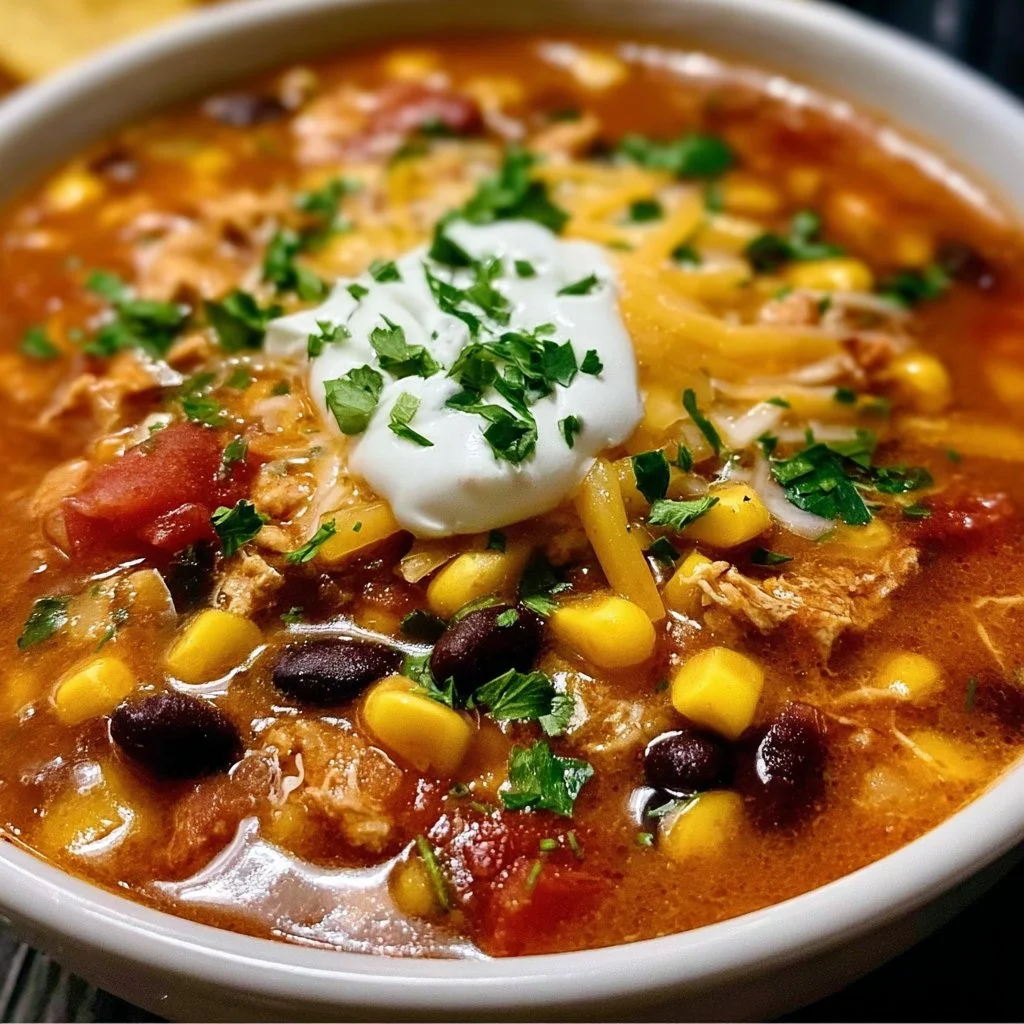 Delicious bowl of homemade 8 Can Taco Soup garnished with cilantro and cheese.