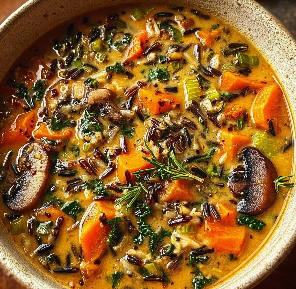 A bowl of Autumn Wild Rice Soup garnished with herbs and vegetables.