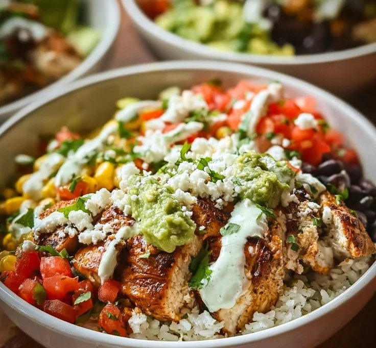 Baja Chicken Bowls topped with fresh vegetables and flavorful sauce
