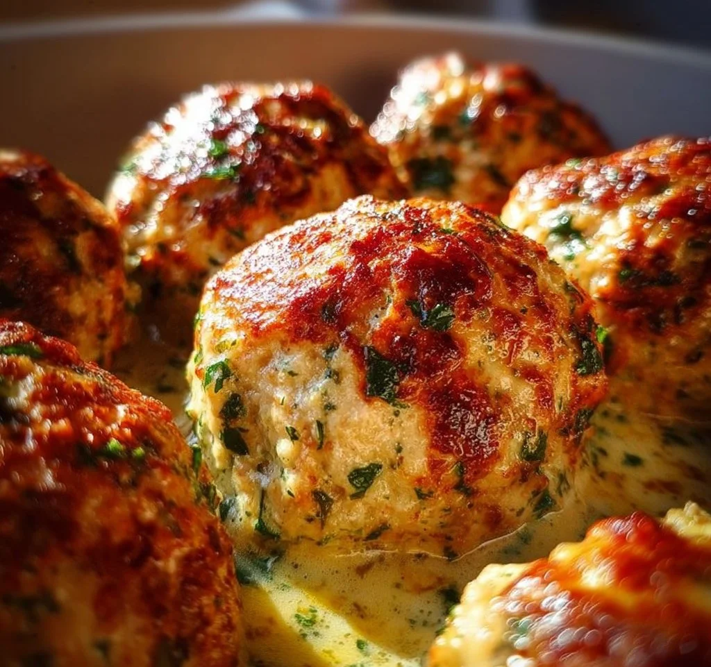 Baked chicken ricotta meatballs served with marinara sauce and herbs
