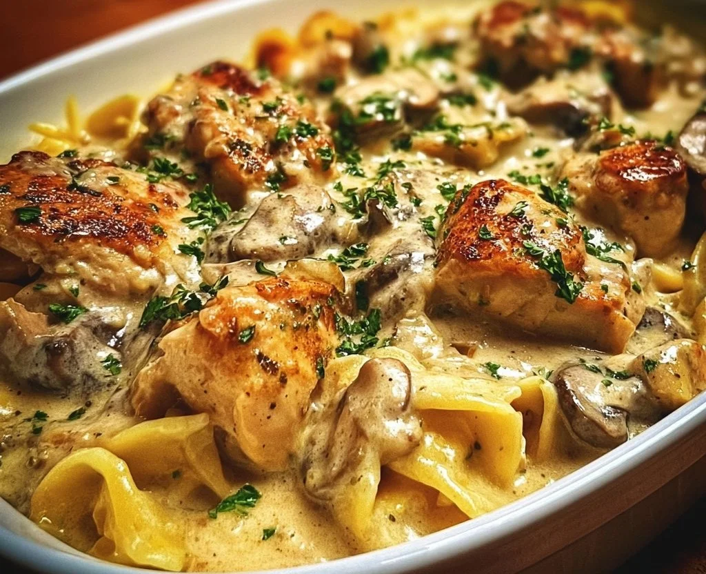 Baked Chicken Stroganoff served on a plate with garnished fresh herbs
