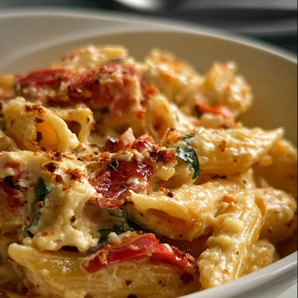 Baked feta pasta served with fresh herbs and cherry tomatoes