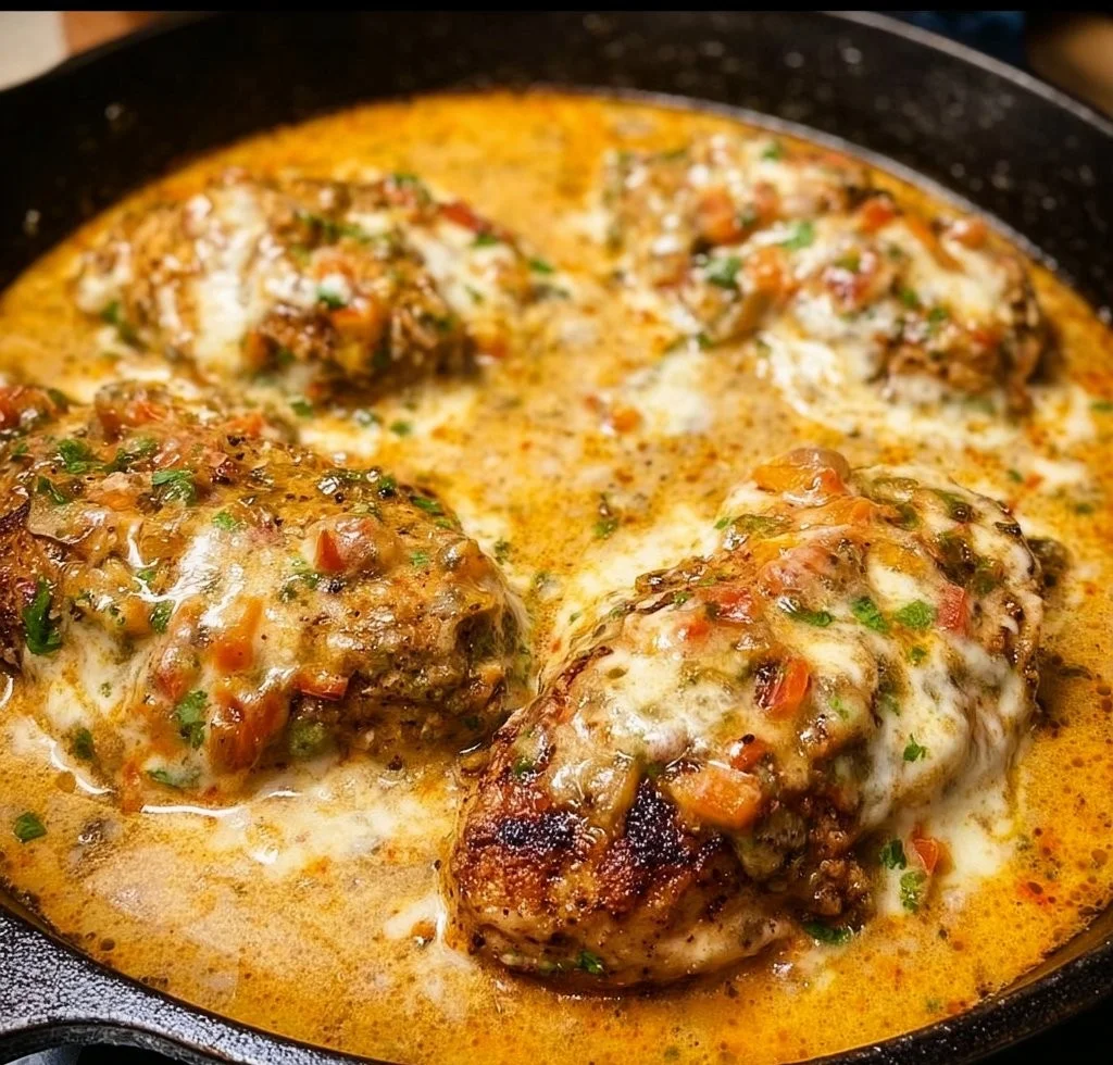 Delicious baked queso chicken topped with melted cheese and spices