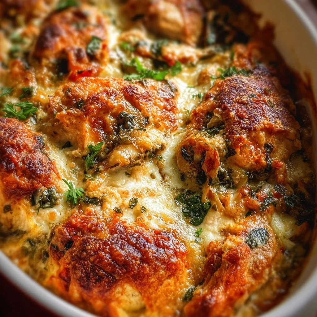 Baked Tuscan Chicken Casserole with colorful ingredients and melted cheese