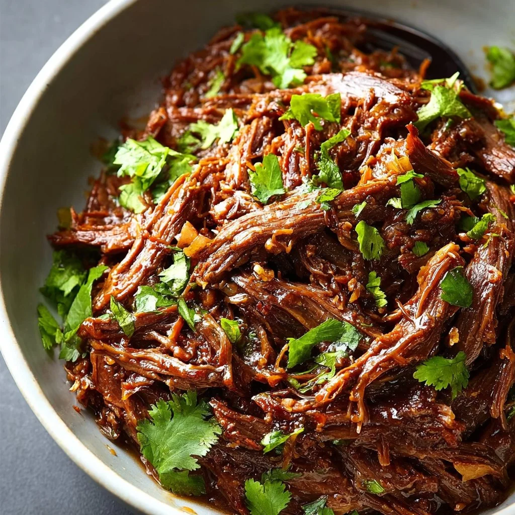 Delicious Barbacoa Beef cooked in a slow cooker, ready to be served.