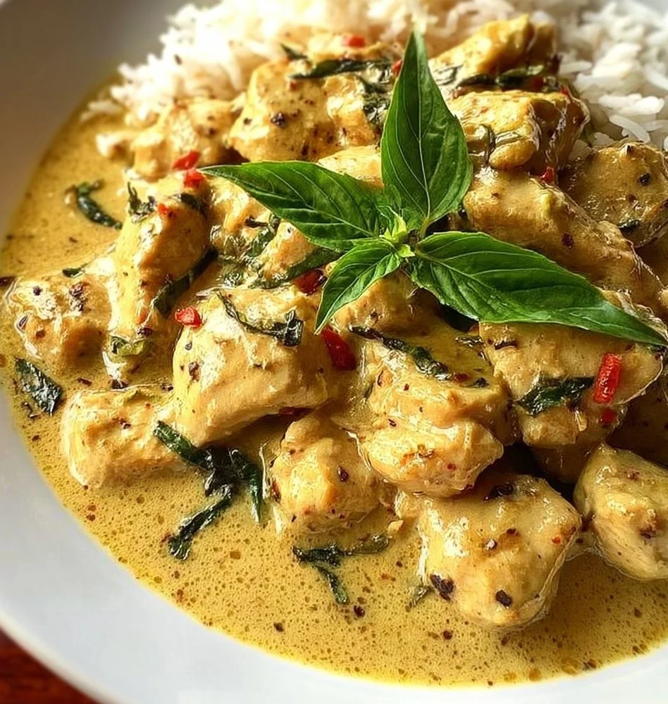 Delicious Basil Chicken served with Coconut Curry Sauce on a plate.