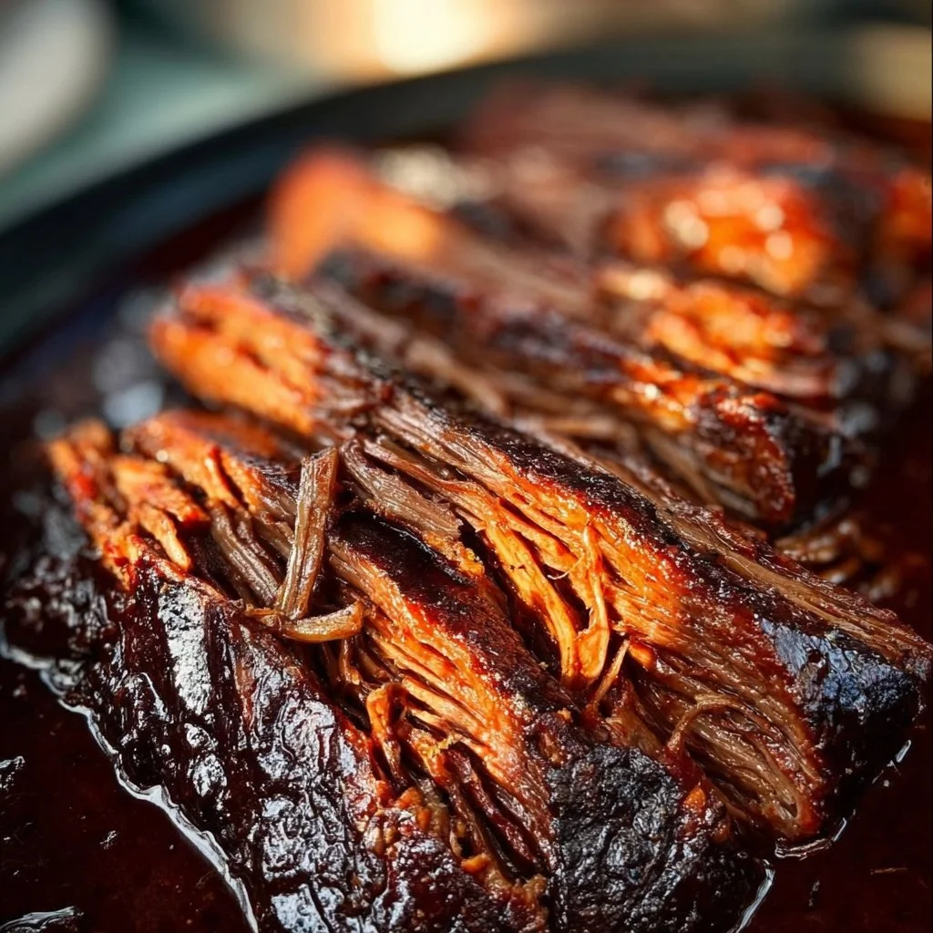 A mouthwatering BBQ brisket sliced and garnished with barbecue sauce.