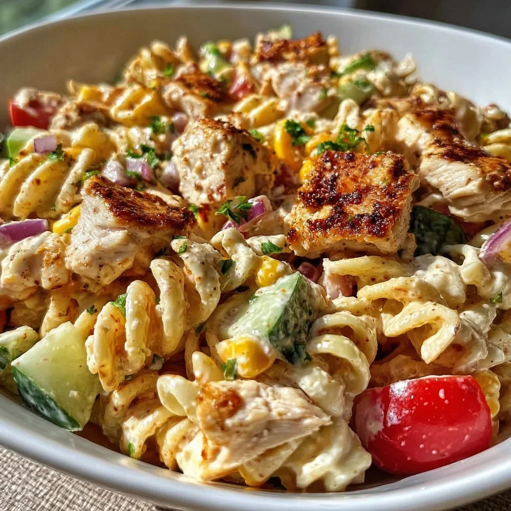Delicious BBQ Chicken Pasta Salad with colorful vegetables and chicken