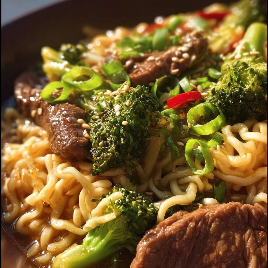 Delicious Beef and Broccoli Ramen Stir Fry served in a colorful bowl