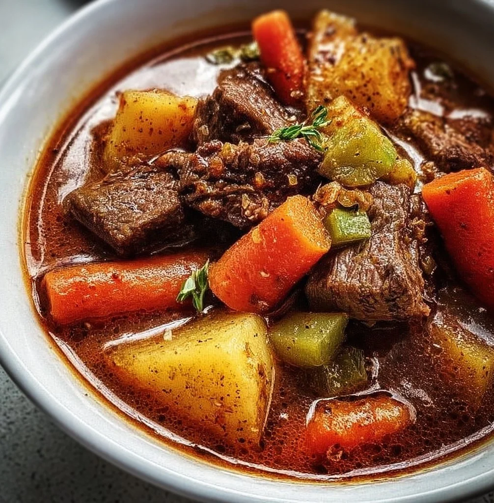 A hearty bowl of homemade beef stew with vegetables and herbs