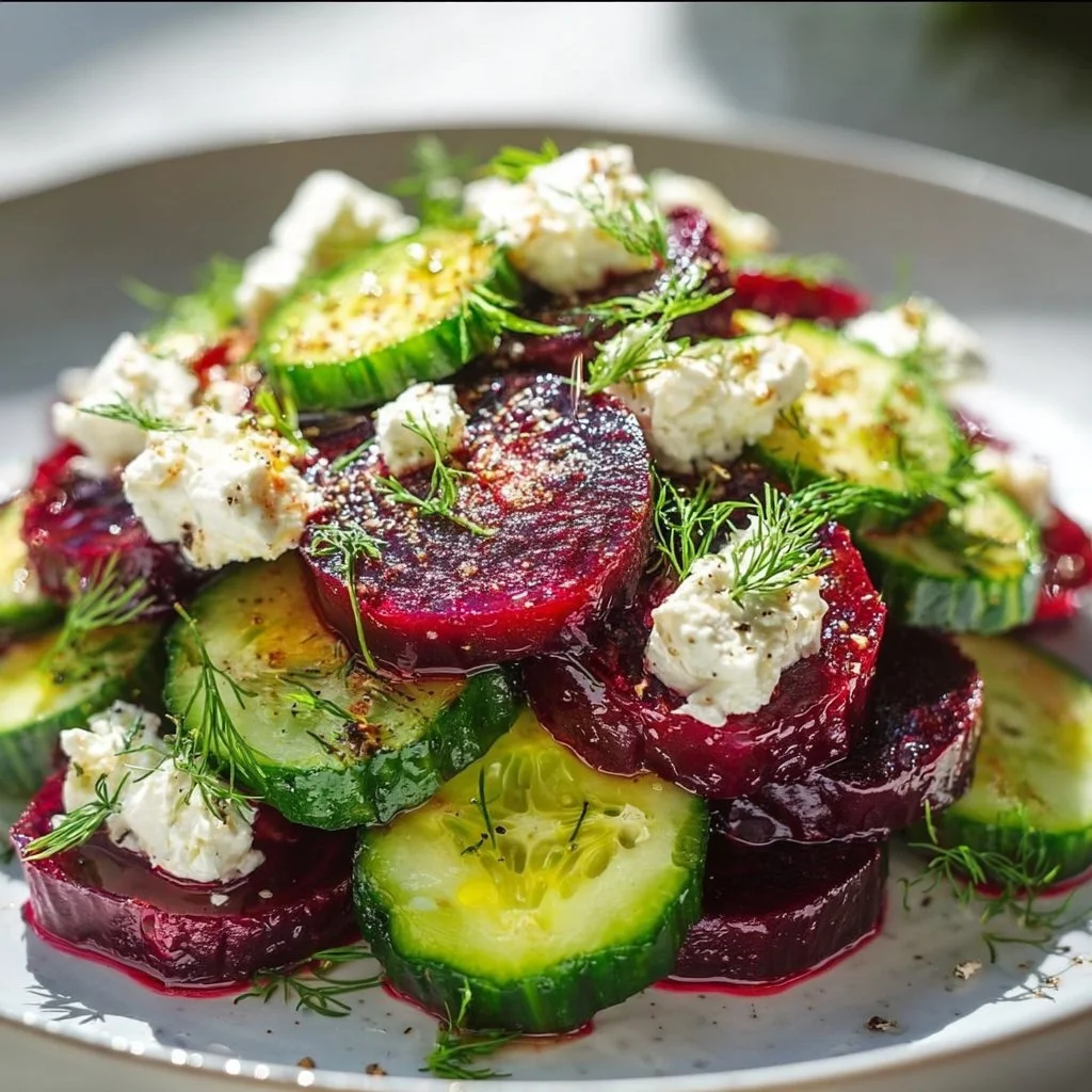 Delicious beet salad with feta cheese, cucumbers, and fresh dill