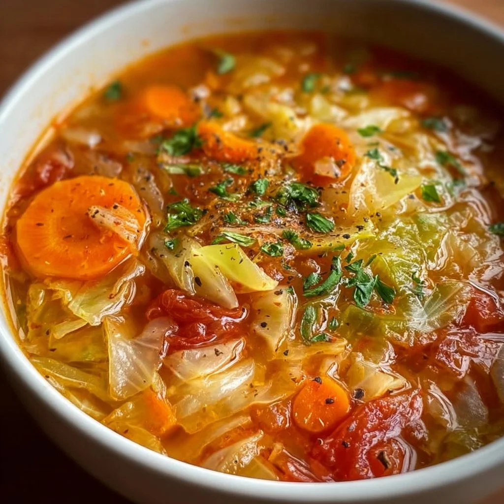 Delicious bowl of homemade cabbage soup with fresh vegetables
