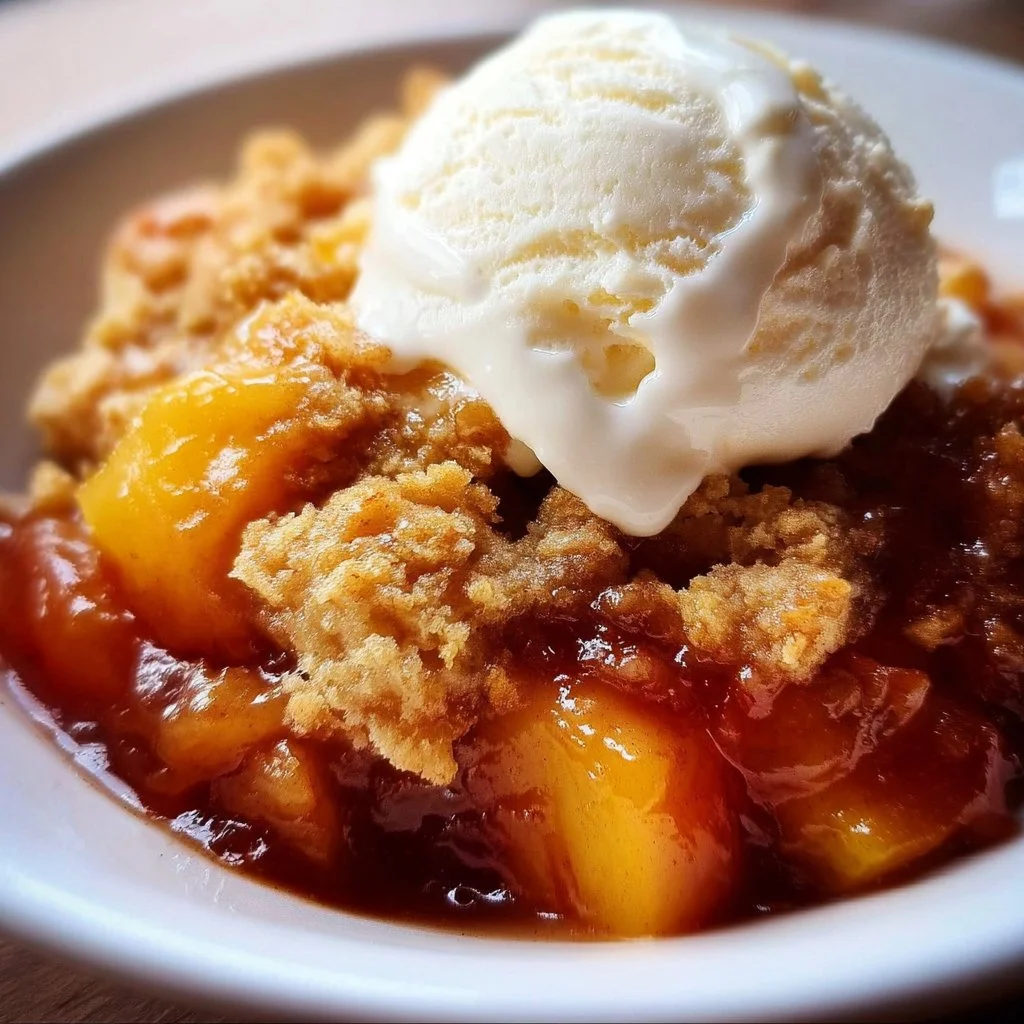 Delicious crock pot peach cobbler dessert served in a bowl