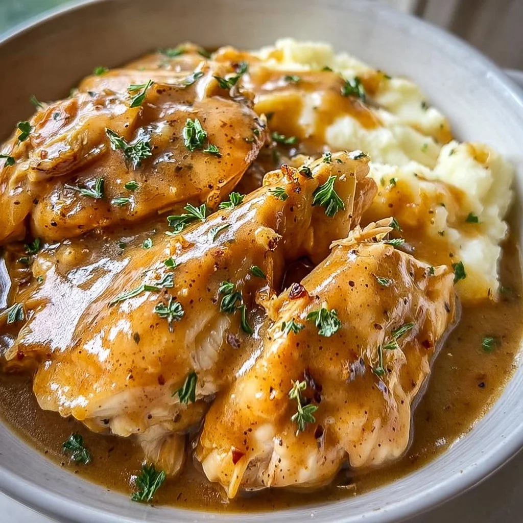 Delicious Crockpot chicken with gravy served in a bowl with herbs.