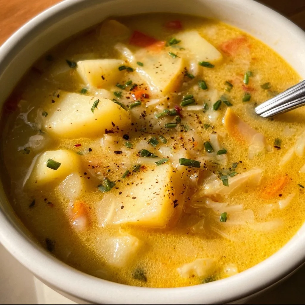 Delicious Instant Pot potato soup served in a bowl with fresh herbs.