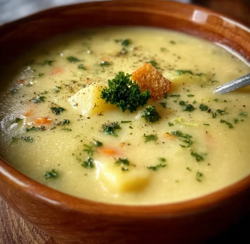 Bowl of creamy potato leek soup garnished with fresh herbs