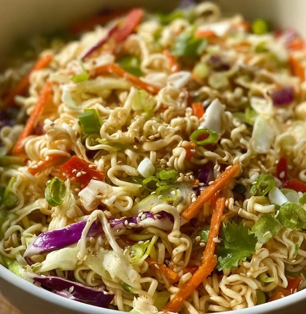 Colorful bowl of best ramen noodle salad with fresh vegetables and dressing