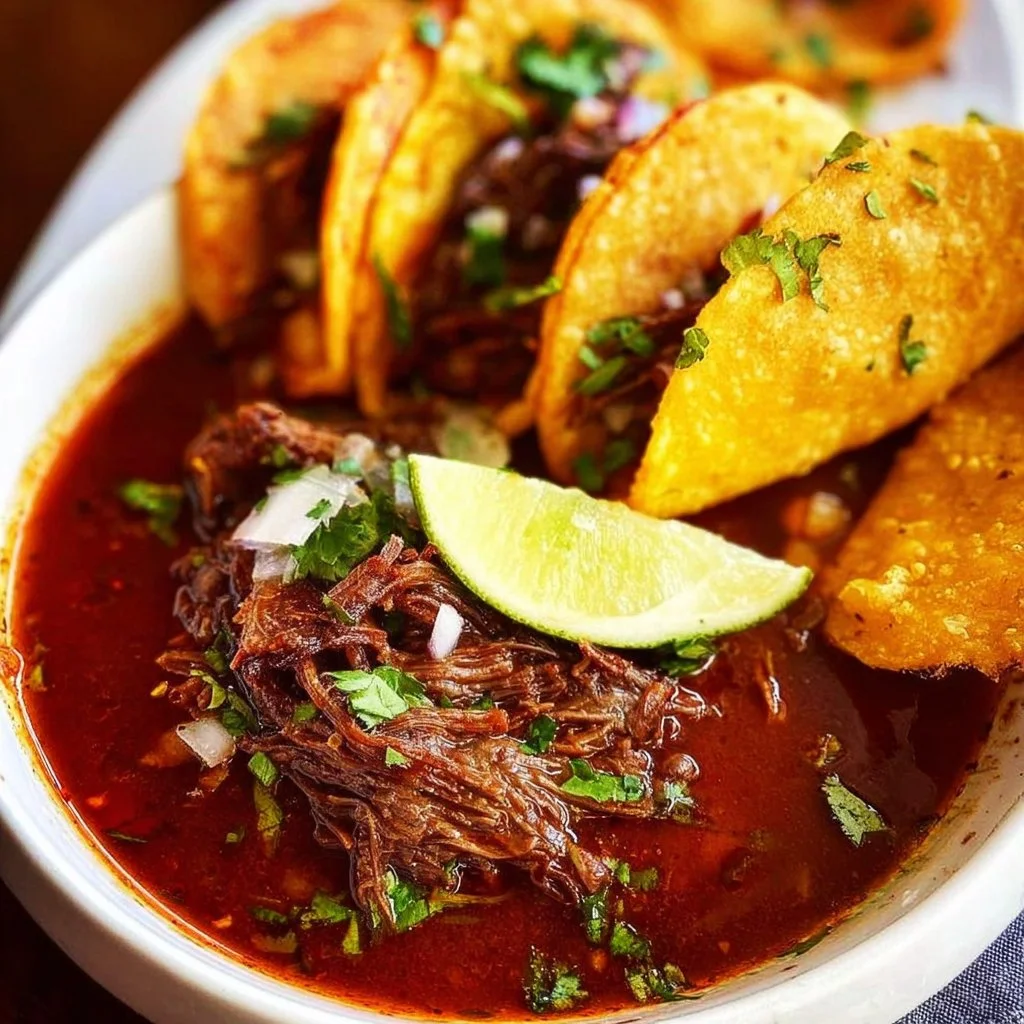 Authentic Birria dish served with onions and cilantro in a flavorful broth.