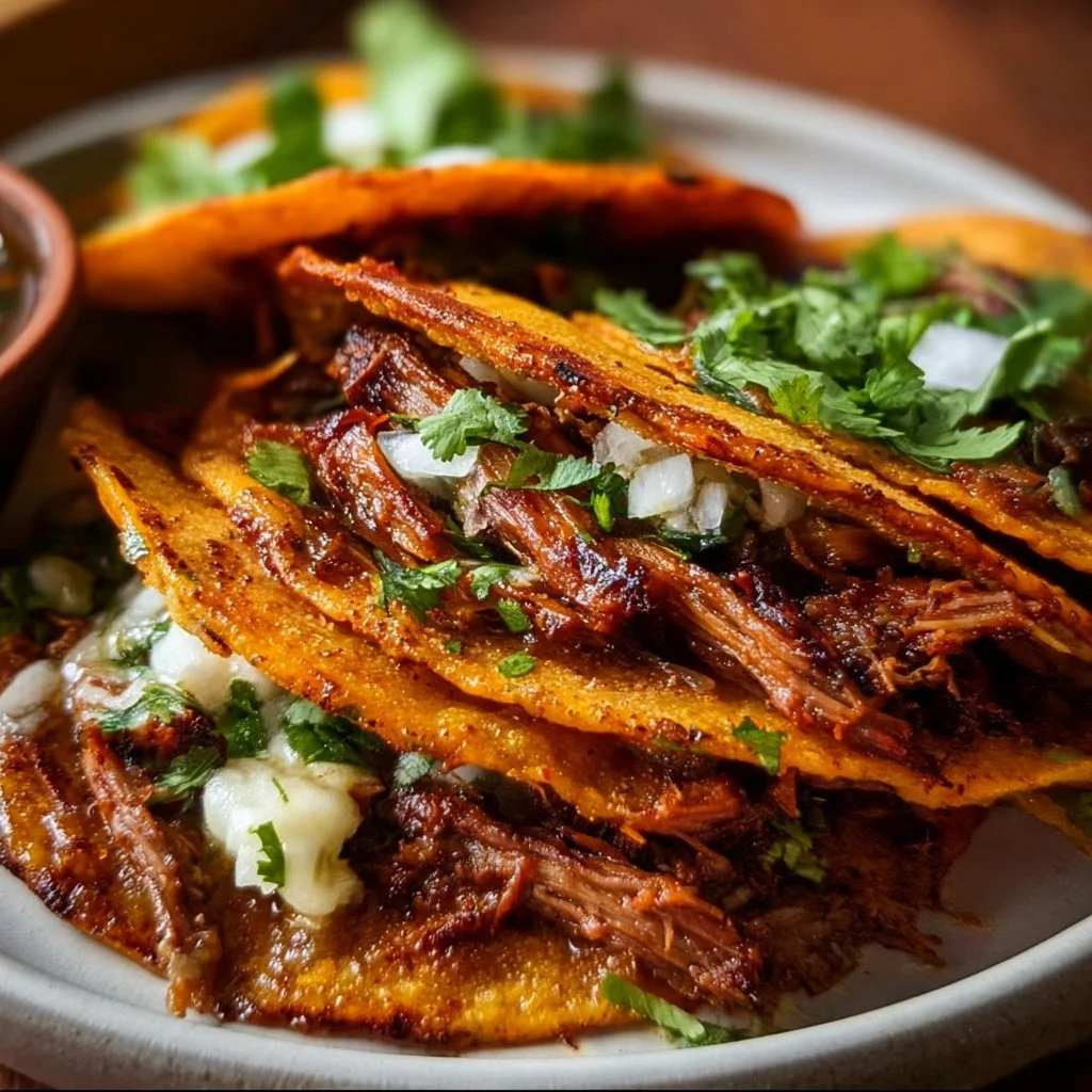 Delicious, steaming Birria Tacos served with broth and fresh toppings.