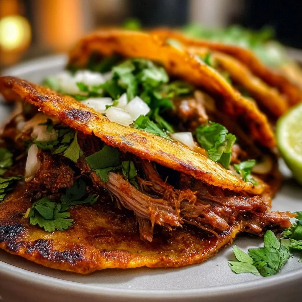 Delicious Birria Tacos served with pide sauce and garnished with onions and cilantro