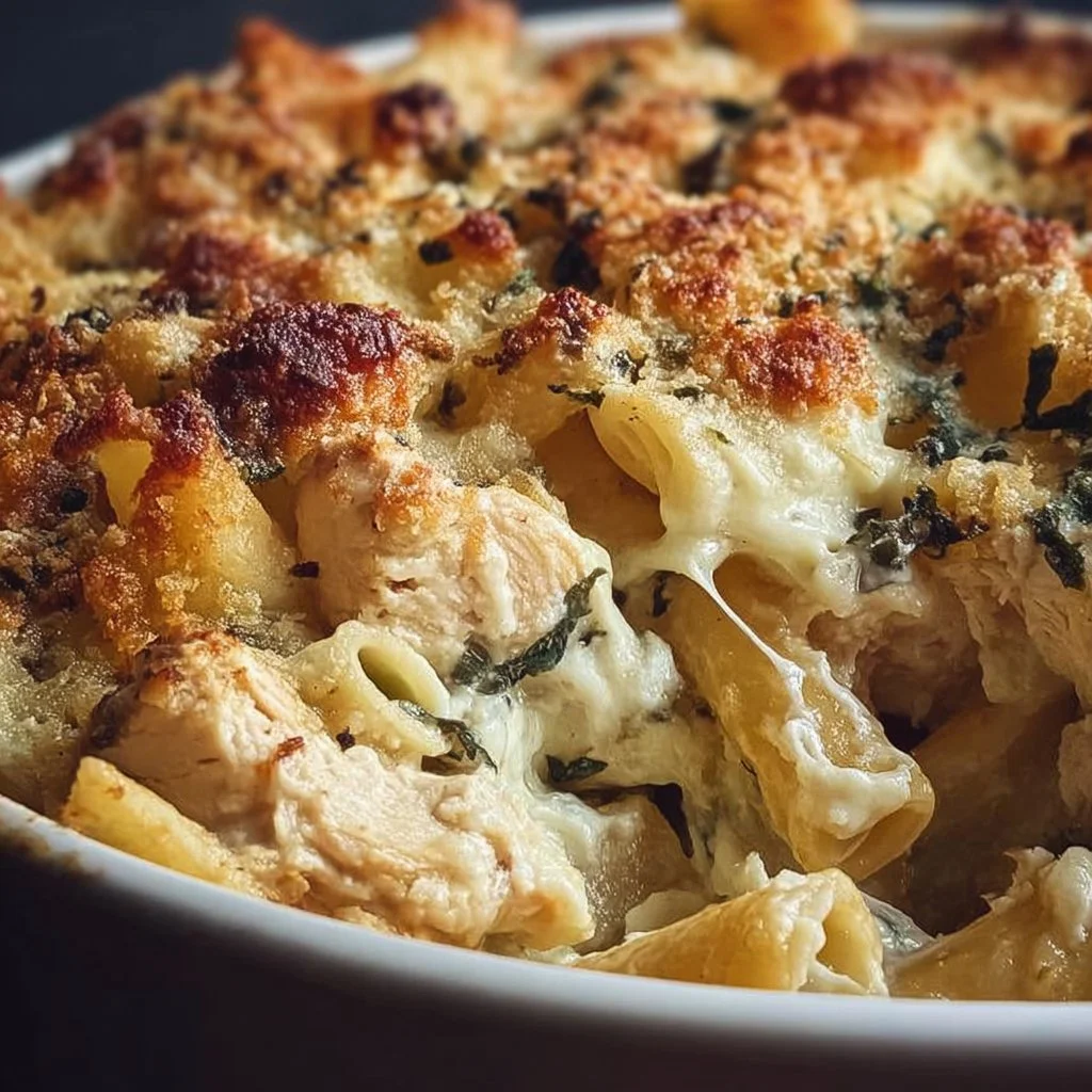 Boursin Chicken Baked Ziti topped with cheese and herbs