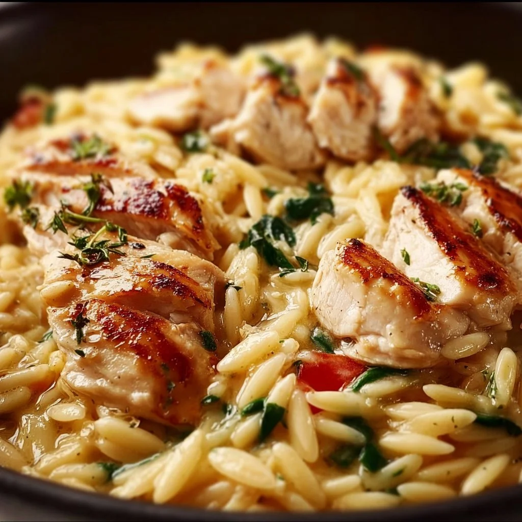 Boursin Orzo with Chicken served in a bowl garnished with herbs