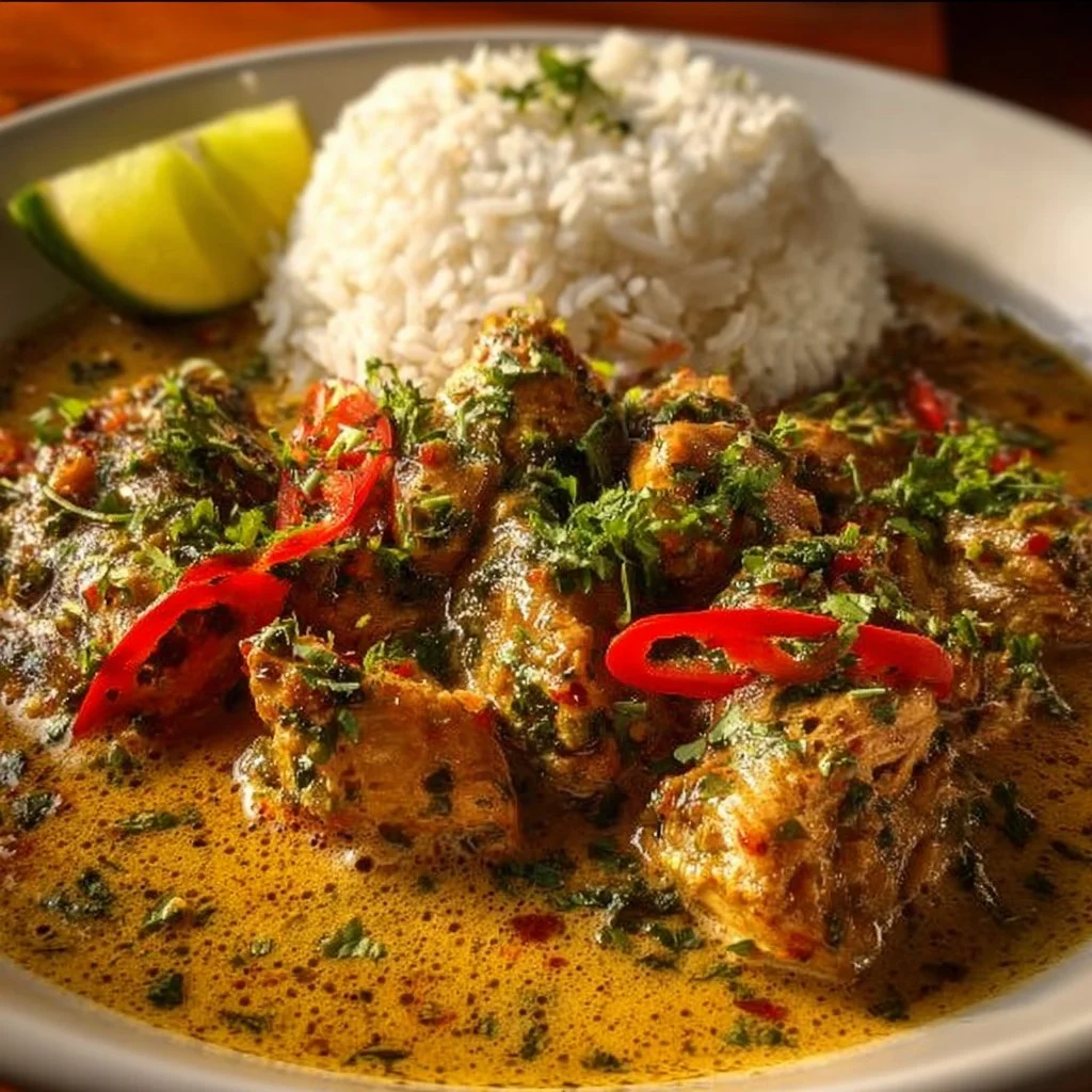 Delicious Brazilian Coconut Chicken served with rice and fresh herbs
