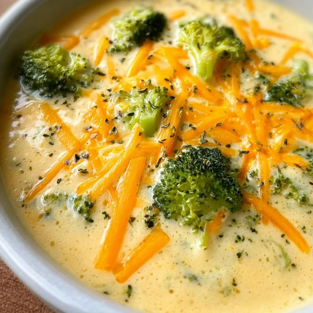 A bowl of creamy Broccoli Cheddar Soup garnished with fresh broccoli florets.