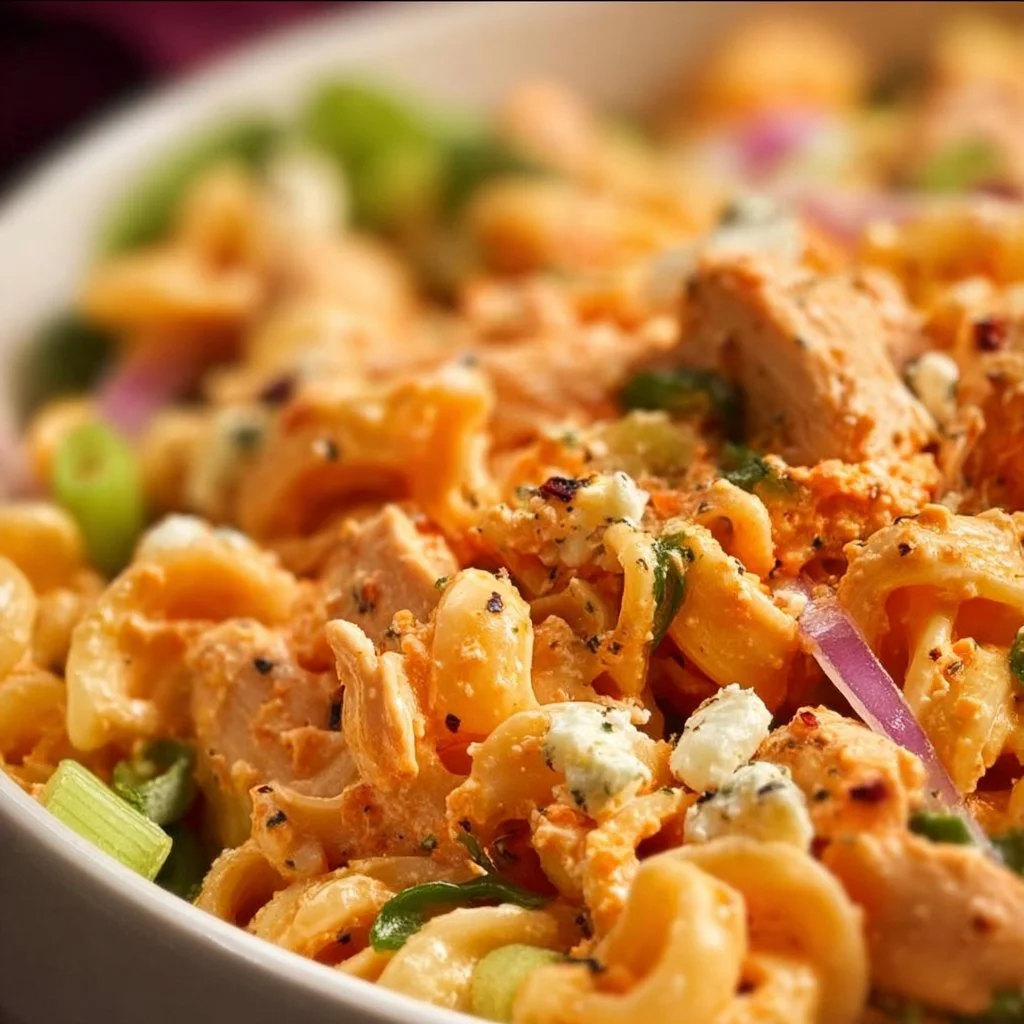 Delicious bowl of Buffalo Chicken Pasta Salad with vibrant colors and toppings